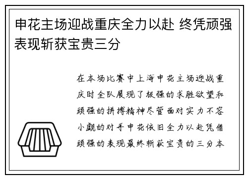 申花主场迎战重庆全力以赴 终凭顽强表现斩获宝贵三分