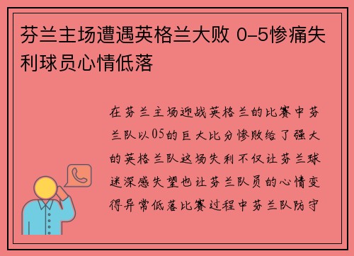 芬兰主场遭遇英格兰大败 0-5惨痛失利球员心情低落