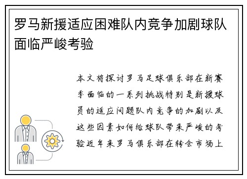 罗马新援适应困难队内竞争加剧球队面临严峻考验