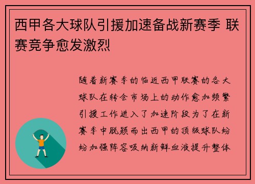 西甲各大球队引援加速备战新赛季 联赛竞争愈发激烈