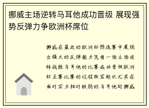 挪威主场逆转马耳他成功晋级 展现强势反弹力争欧洲杯席位