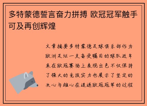 多特蒙德誓言奋力拼搏 欧冠冠军触手可及再创辉煌