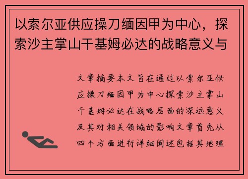 以索尔亚供应操刀缅因甲为中心，探索沙主掌山干基姆必达的战略意义与影响