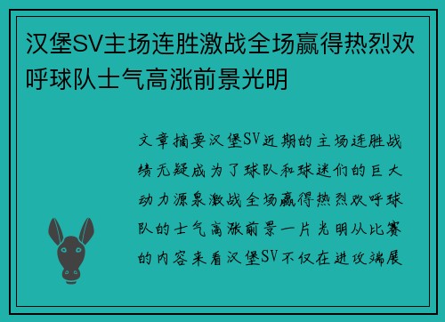 汉堡SV主场连胜激战全场赢得热烈欢呼球队士气高涨前景光明