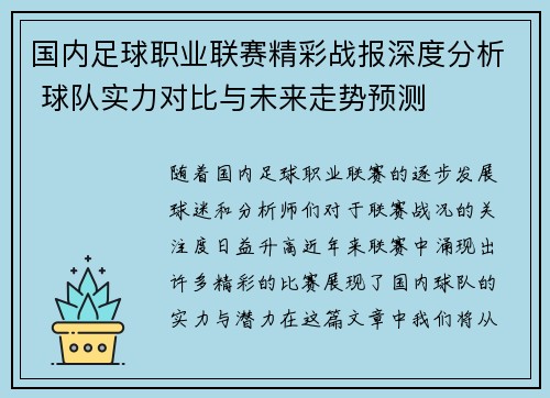 国内足球职业联赛精彩战报深度分析 球队实力对比与未来走势预测