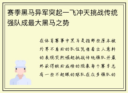 赛季黑马异军突起一飞冲天挑战传统强队成最大黑马之势