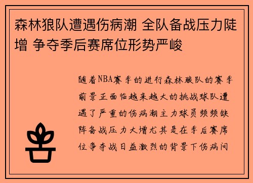 森林狼队遭遇伤病潮 全队备战压力陡增 争夺季后赛席位形势严峻