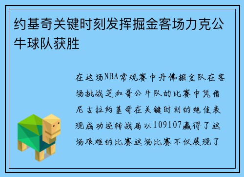 约基奇关键时刻发挥掘金客场力克公牛球队获胜