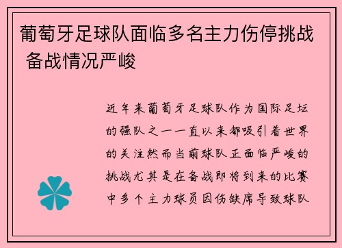 葡萄牙足球队面临多名主力伤停挑战 备战情况严峻