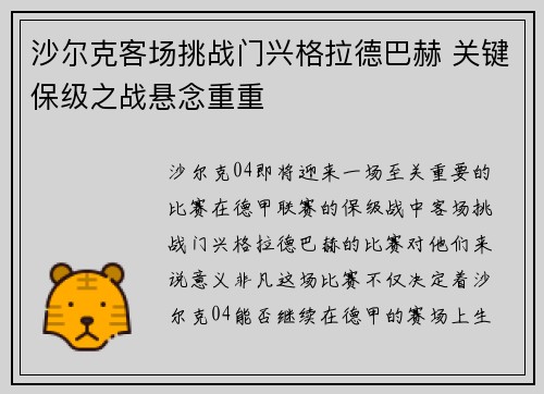 沙尔克客场挑战门兴格拉德巴赫 关键保级之战悬念重重