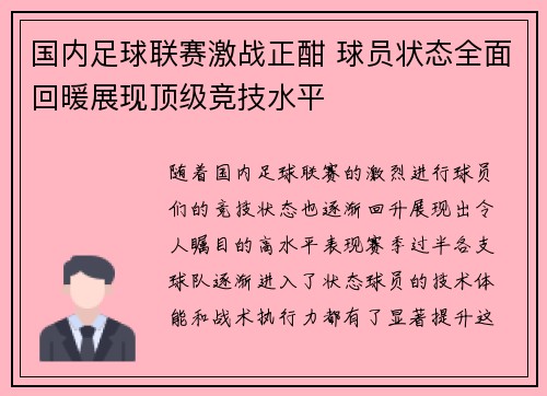 国内足球联赛激战正酣 球员状态全面回暖展现顶级竞技水平